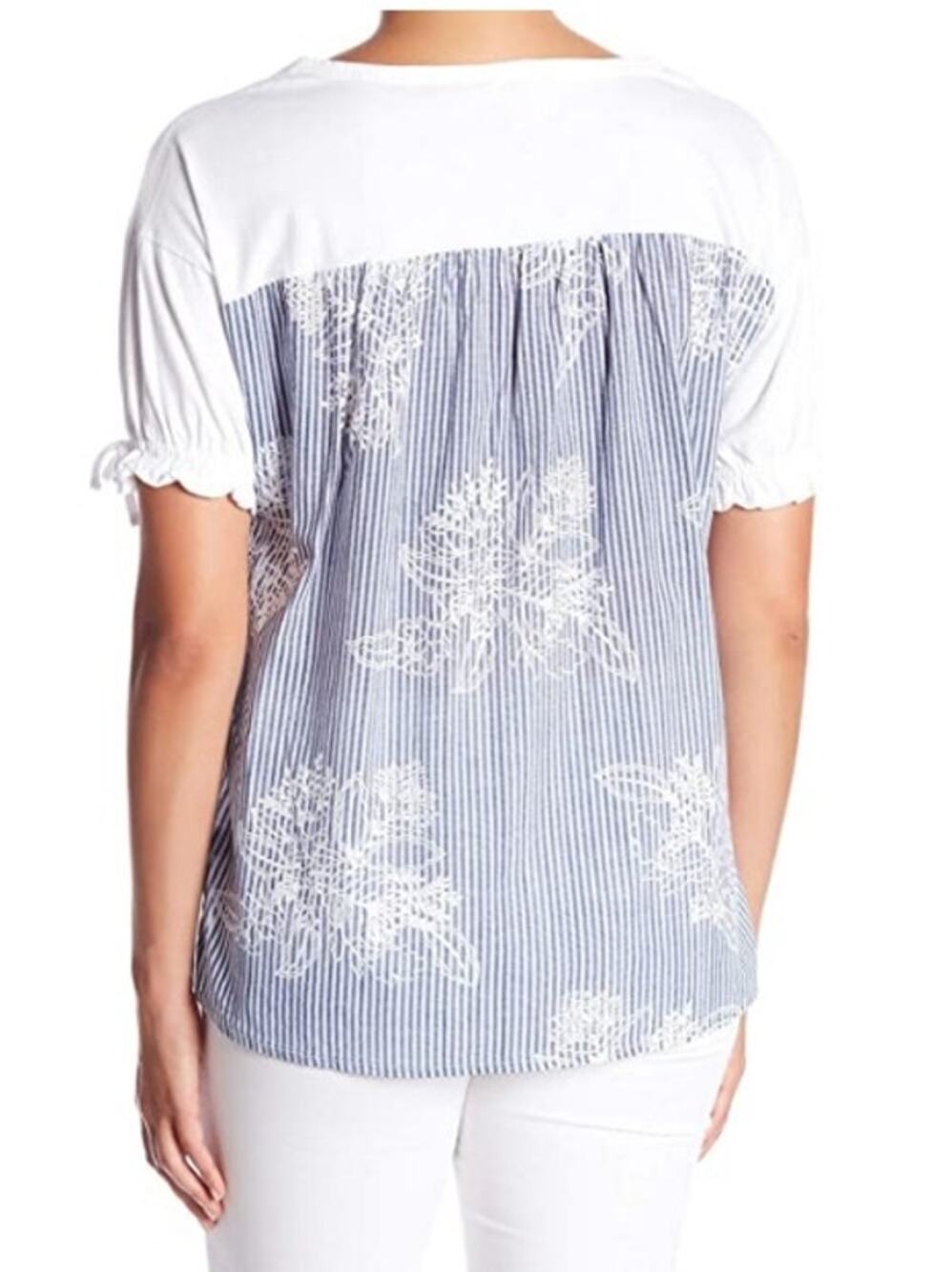 Joe Fresh Blue and White Striped Floral Tie Sleeve Tee Size Small
